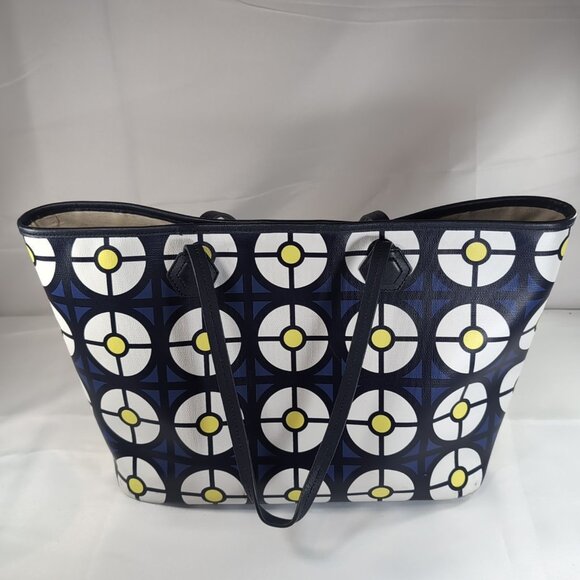 Jonathan Adler Geometric Tote Bag Leather Blue White Yellow Large Shoulder Purse - Picture 8 of 16